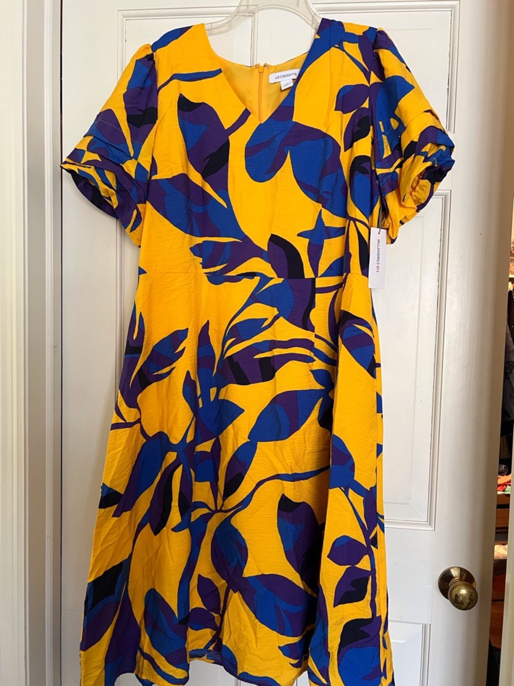 Liz Claiborne Bold Yellow Midi Dress with Blue & Purple Print